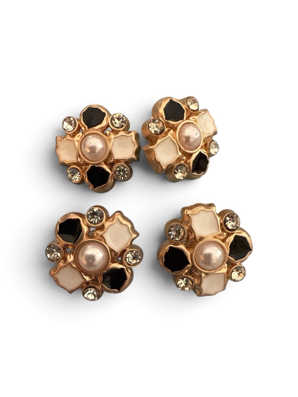 Gold Pearl & Black Enamel Floral Button Set